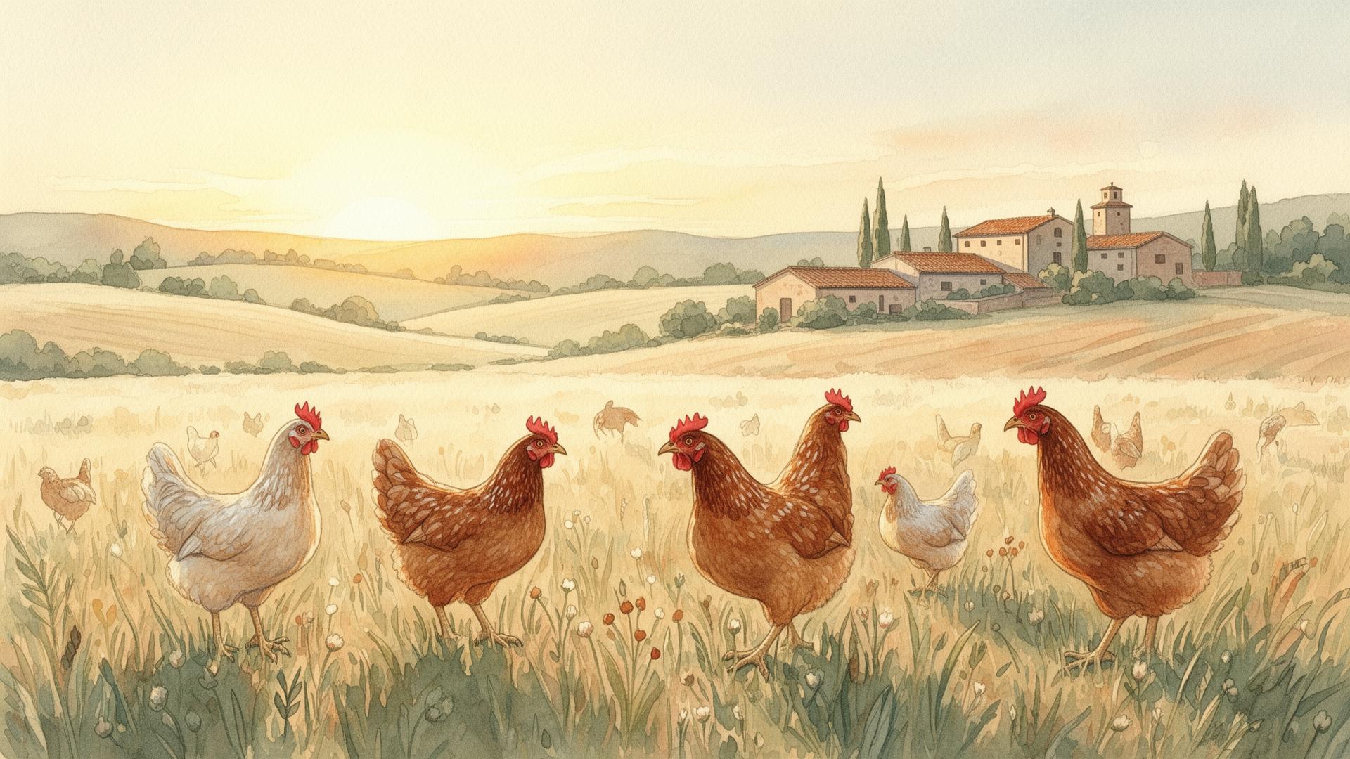 Gallinas camperas pastando libres en la finca de EcoAvila al atardecer