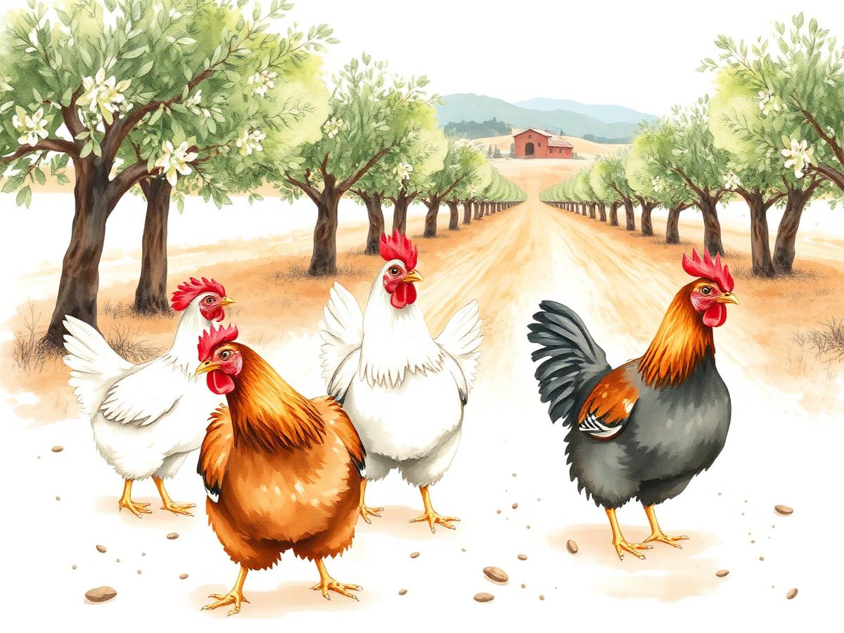Gallinas paseando entre los olivos de la finca familiar